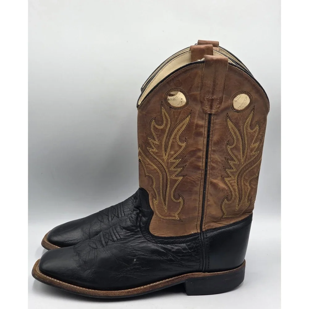 Old West BSY1810 Youth Western Boots Black Tan Calf Leather Square Toe Sz 7